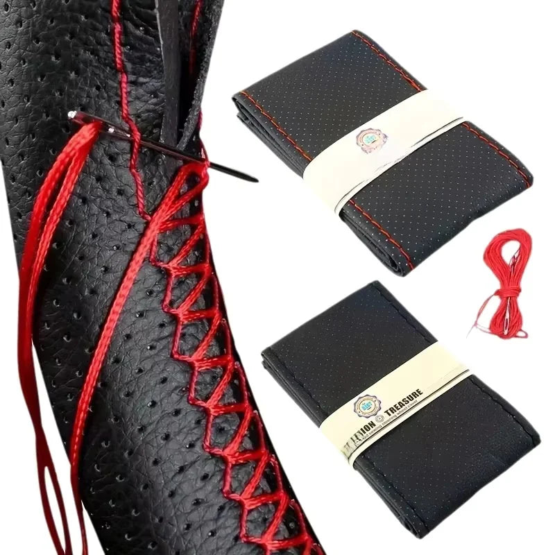 Black genuine leather steering wheel cover with red stitching and a matching leather pouch