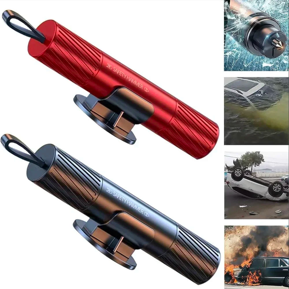 A red and black car safety emergency glass window breaker tool shown in two different finishes.