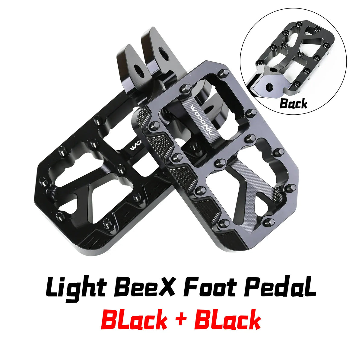 A black Light BeeX foot pedal with silver mounting pegs shown from the side and back view.