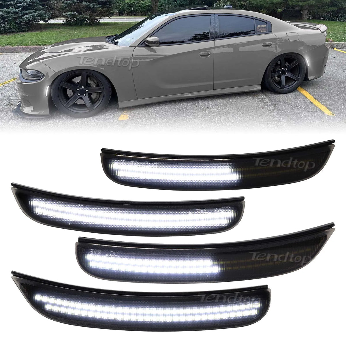 LED side marker lights with dynamic switchback for a Dodge Charger, shown in various angles.