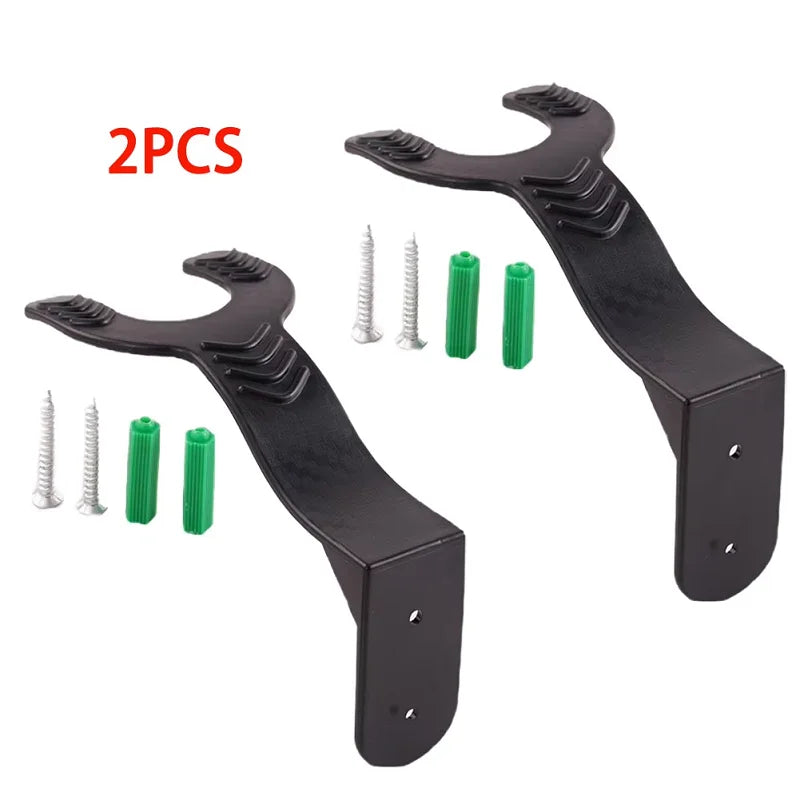 Two black wall mount hooks for multi-sport gear, featuring a hook and a mounting plate.