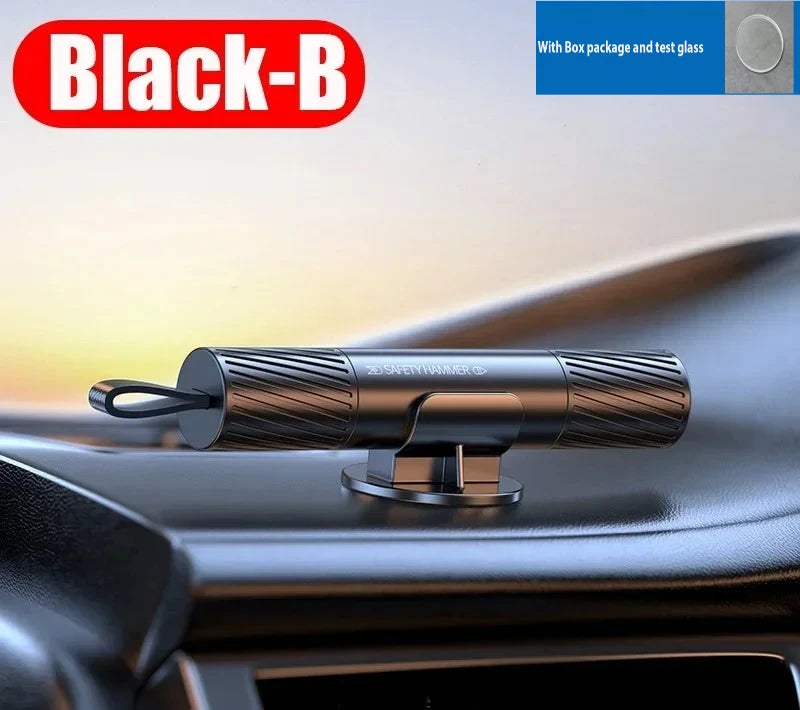 A silver 2-in-1 car safety tool is shown resting on a dark car surface.