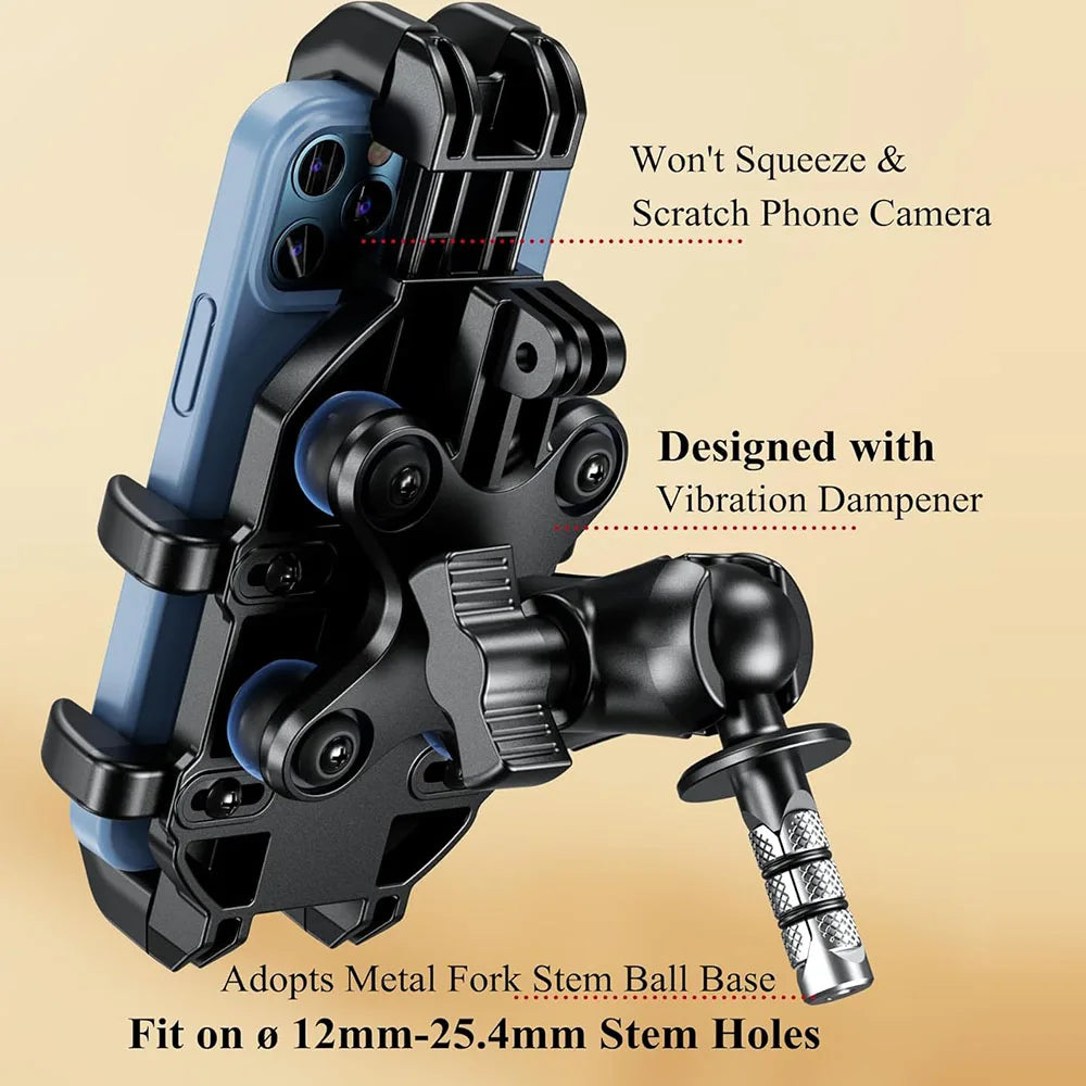 A heavy-duty motorcycle phone mount designed with a vibration damper and metal fork stem ball base.