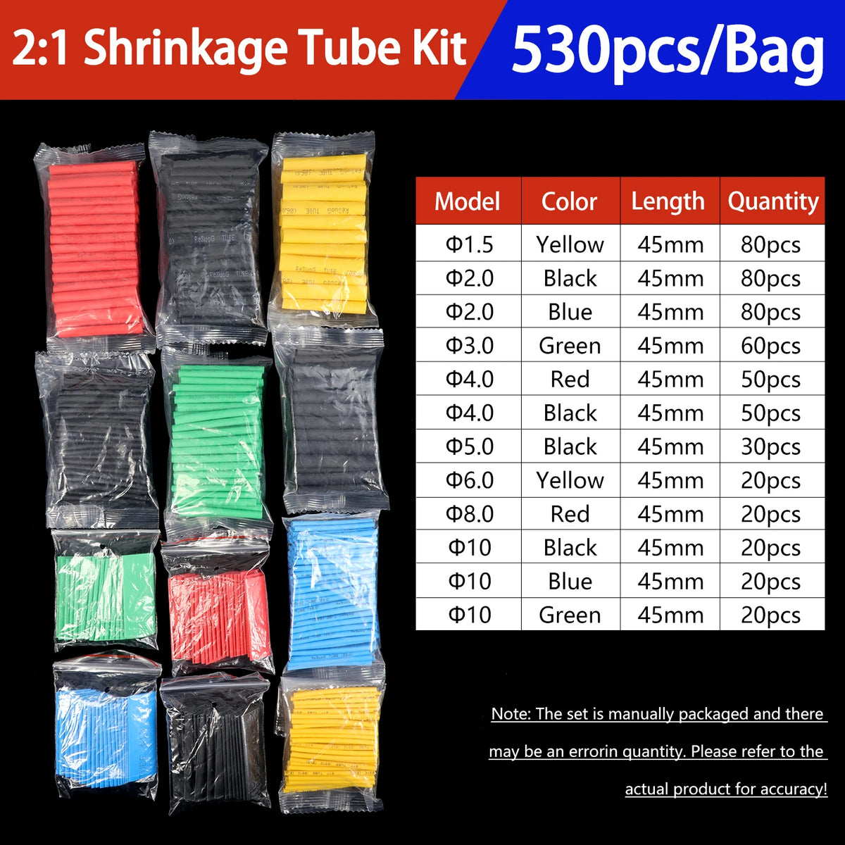 A variety of heat shrink tubing kits in various colors and sizes are packaged in plastic bags.
