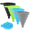A set of silicone funnels in black, lime green, blue, and gray for engine fluids.