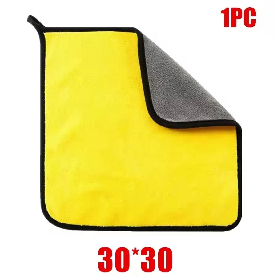 One yellow and gray microfiber car cleaning towel, 30x30 size.