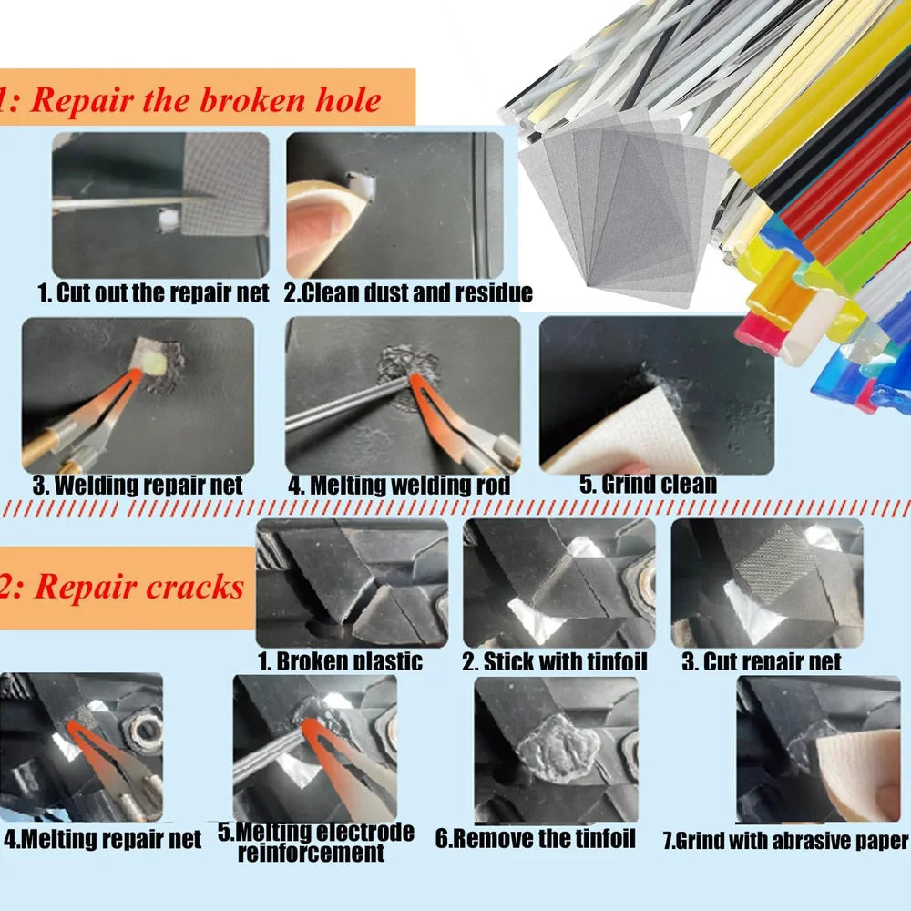 A set of tools and steps demonstrating how to repair a broken hole and cracks in plastic using welding rods, nets, and grindi