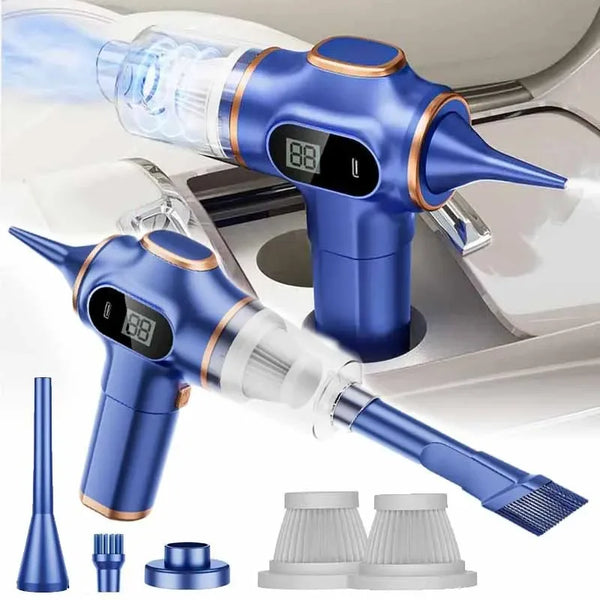 A blue cordless vacuum cleaner and accessories are shown in a close-up view.