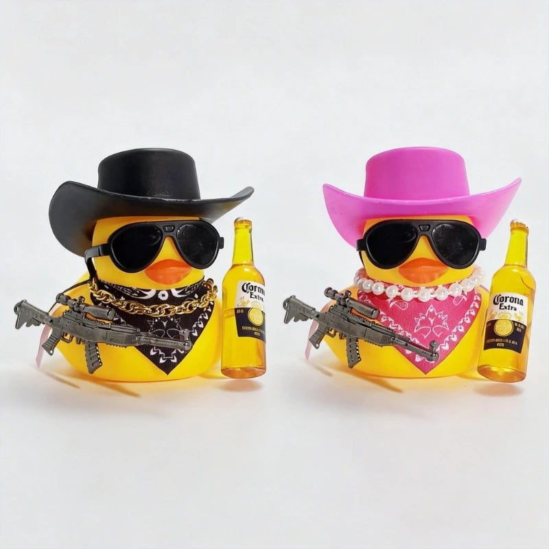 A rubber duck character in a black cowboy hat and sunglasses holds a rifle and is accompanied by two bottles.