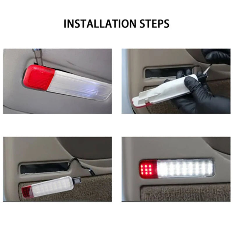 Installation steps showing the placement of LED interior door panel lights in a vehicle.