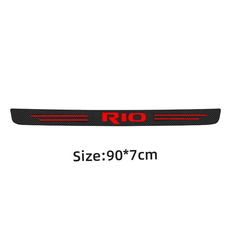 Black carbon fiber car door threshold decals with the brand name RIO