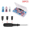 A set of 30 silicone tire repair kits including various sized nozzles and a tire plug tool.