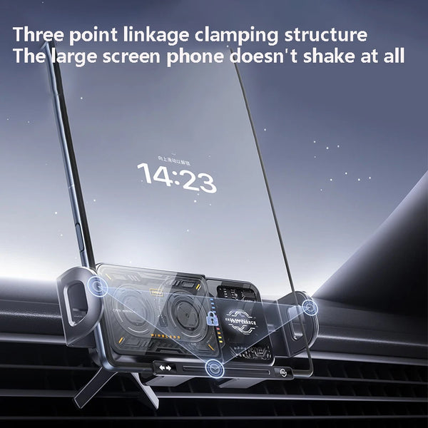 A three-point linkage clamping structure holding a large smartphone screen in a car context.
