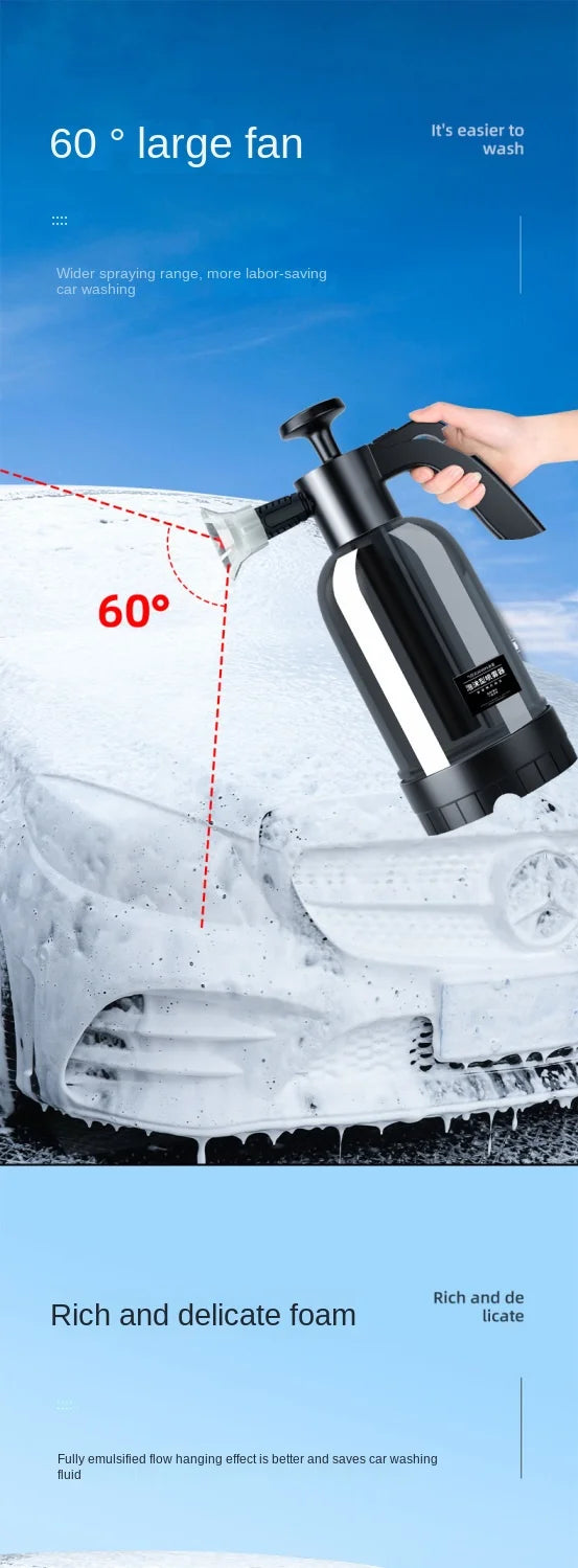 A hand pump foam sprayer is shown cleaning a car, demonstrating its ability to create rich and delicate foam.