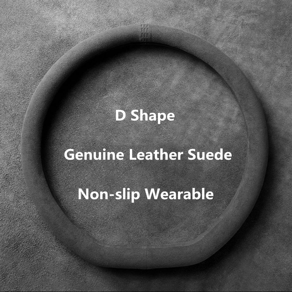 A close-up view of a D shape genuine leather suede steering wheel cover.