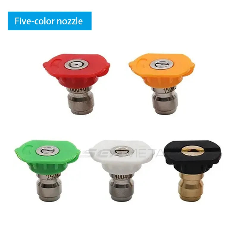 Five-color nozzles for a high-pressure manual car washing water gun, shown in red, orange, green, and black.