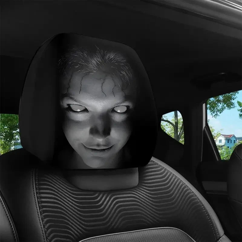 A close-up view of a person's face displayed on a car headrest cover, featuring a horror theme.