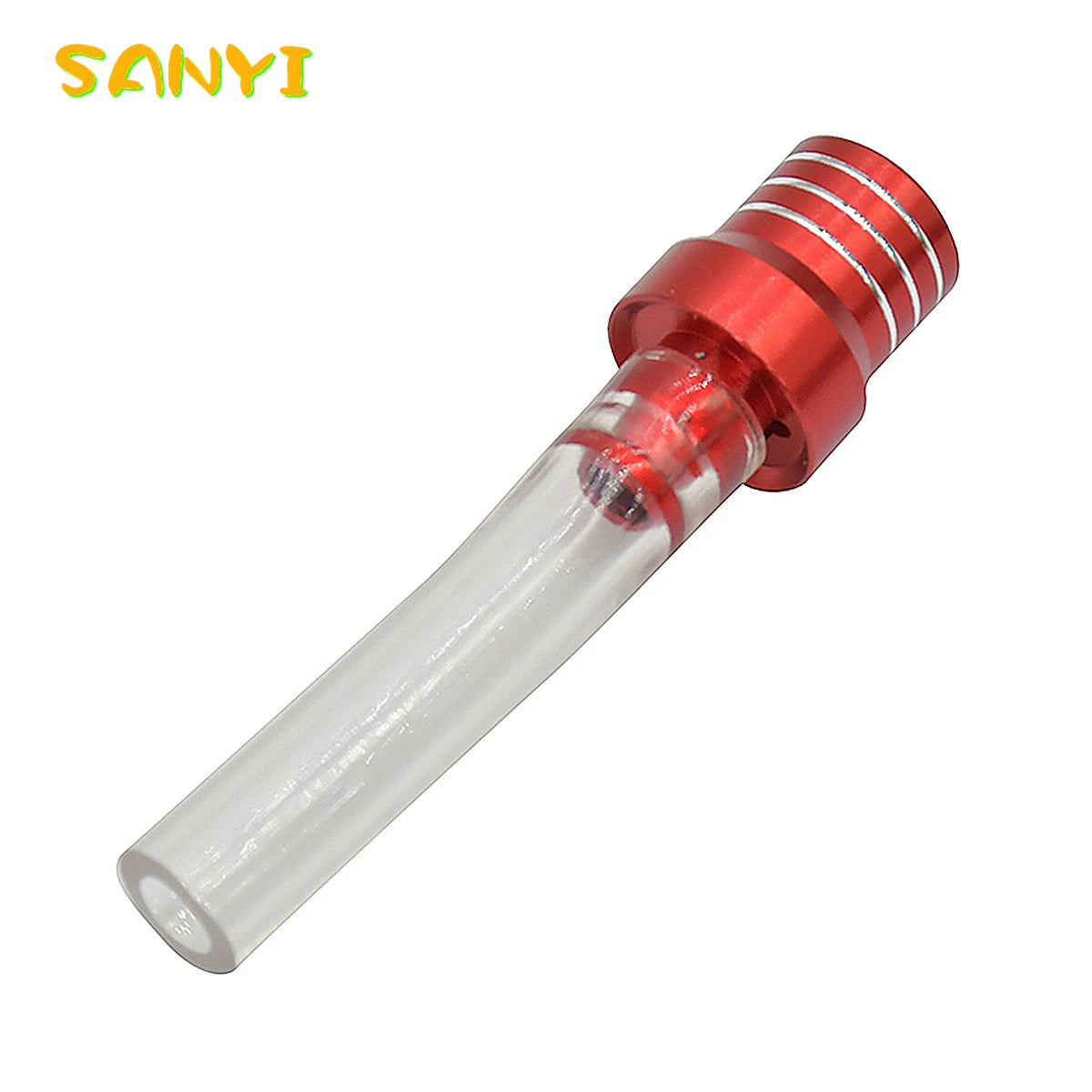 A clear plastic fuel vent breather hose with a red cap and fitting for motorcycles.