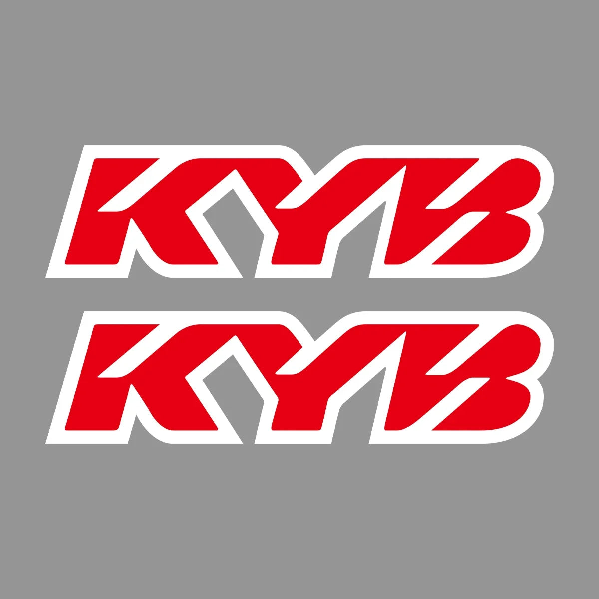 Red and white stylized KYB racing suspension decals featuring the letters KYB