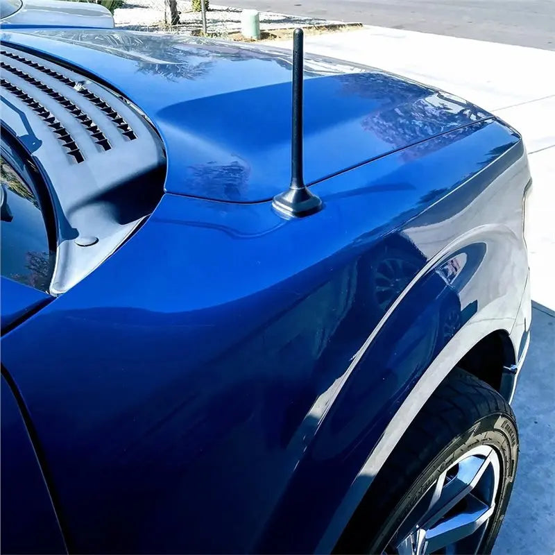 Close-up of a blue Ford F-150 truck hood with a replacement antenna mast installed.