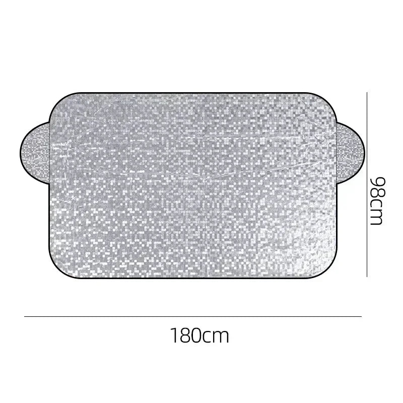 A rectangular car windshield sunshade and snow protector with rounded edges, measuring 180cm by 98cm.