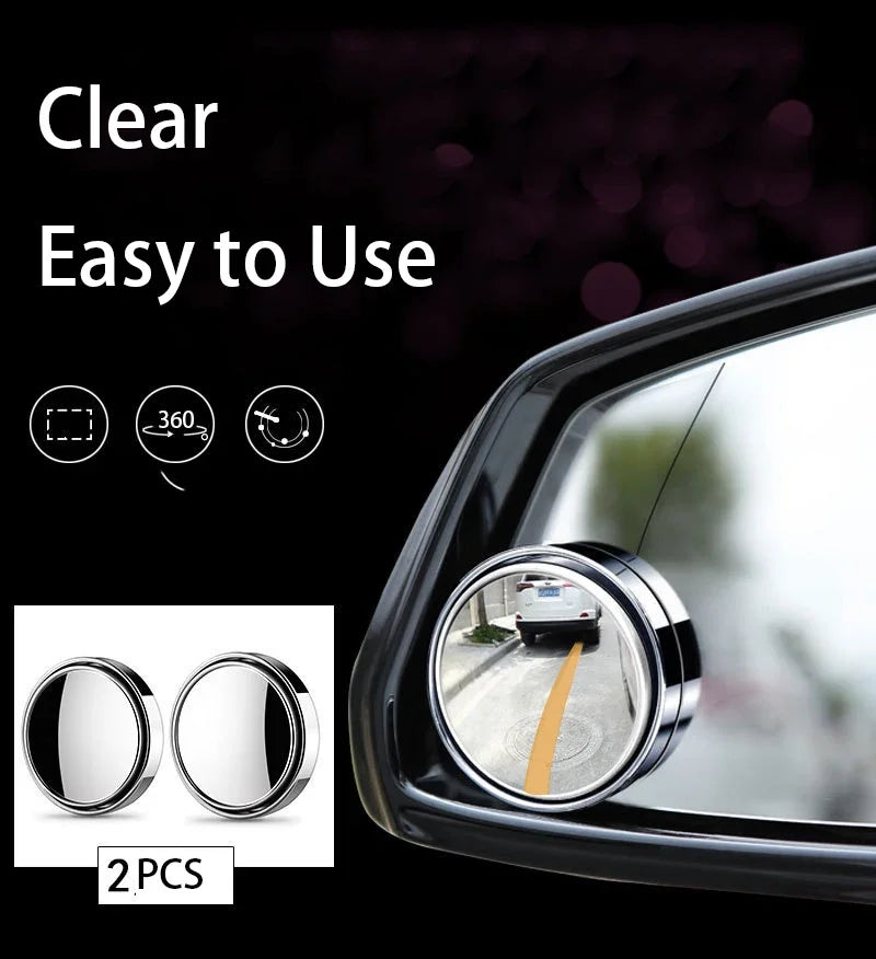 A clear, easy-to-use 360° adjustable convex blind spot rearview mirror is shown in a car window.