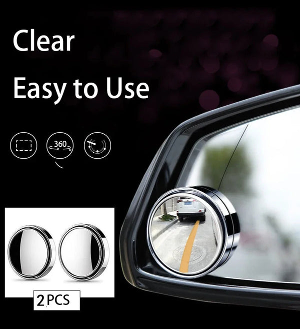 A clear, easy-to-use 360° adjustable convex blind spot rearview mirror is shown in a car window.