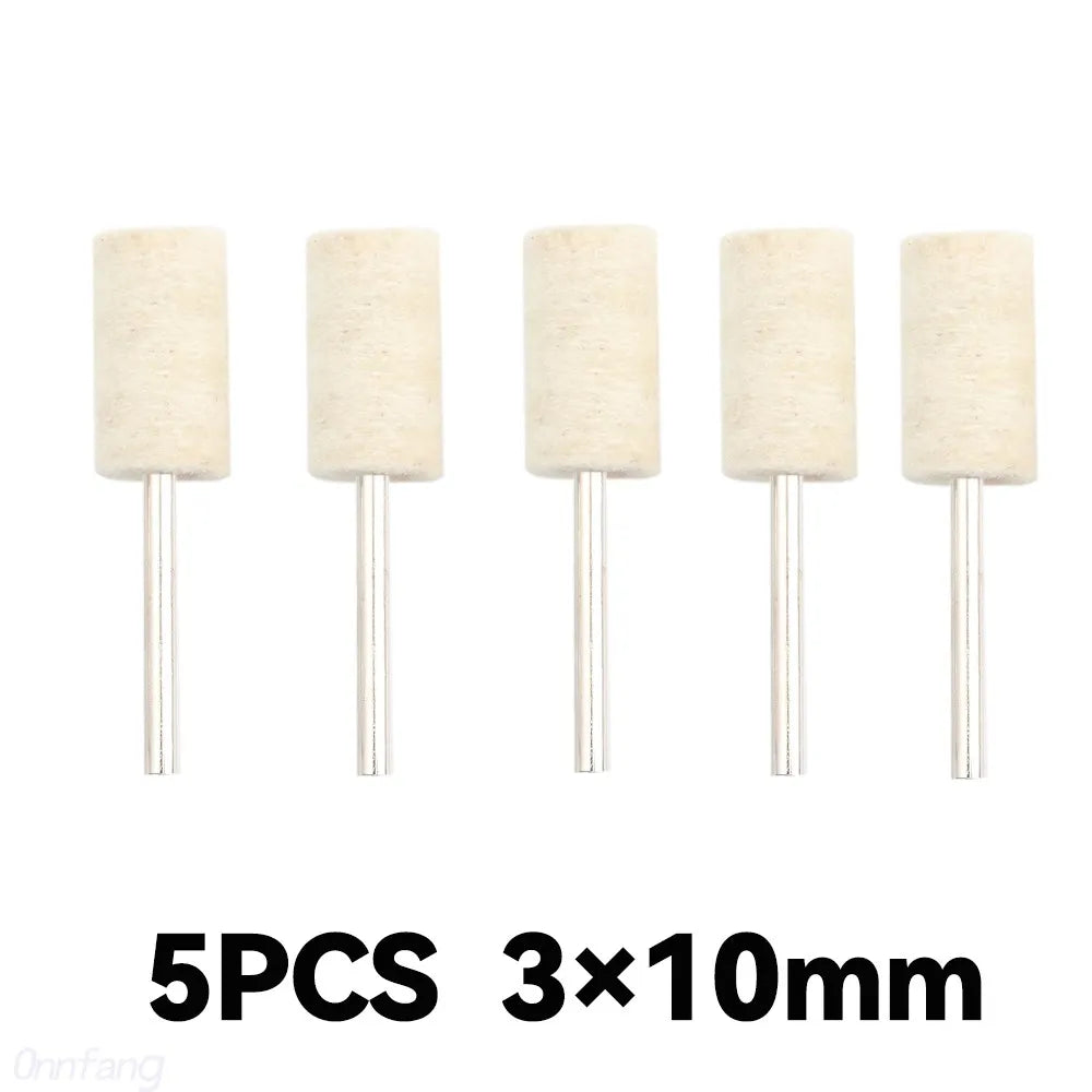 Five cylindrical wool felt polishing buffing wheels with metal shafts