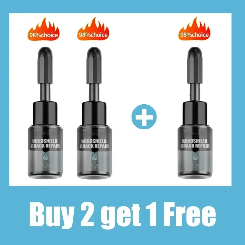 Three bottles of Windshield Crack Repair kit with 98% choice certification and a Buy 2 get 1 Free offer.
