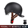 Schwarzes Retro-Motorrad-Halbhelm mit braunen Riemen und rotem Visier