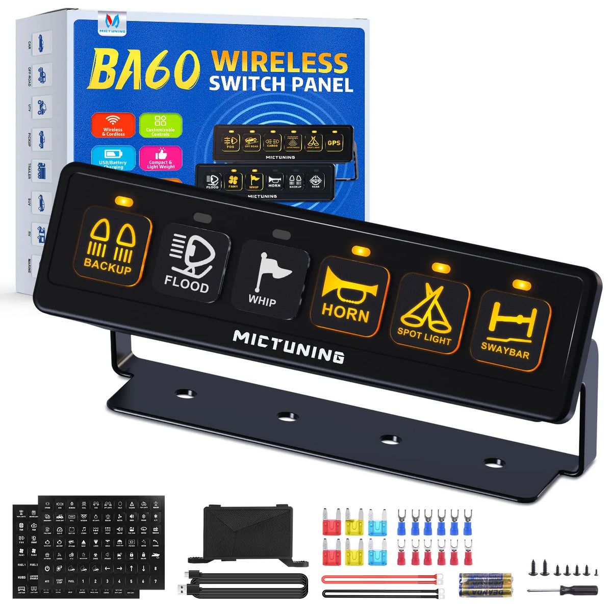 A black wireless switch panel with various buttons like backup, flood, whip, horn, spotlight, and swaybar controls.