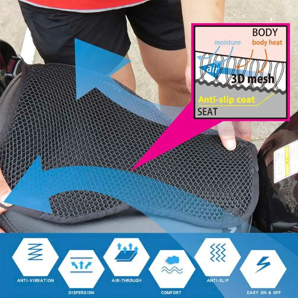 Black motorcycle seat cushion cover featuring anti-slip coating and 3D mesh for heat insulation and protection