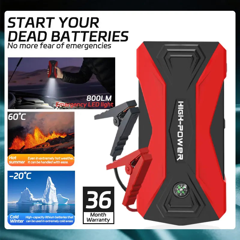 Lampe LED d'urgence rouge et noire avec batterie pour démarrer les batteries de voiture mortes.