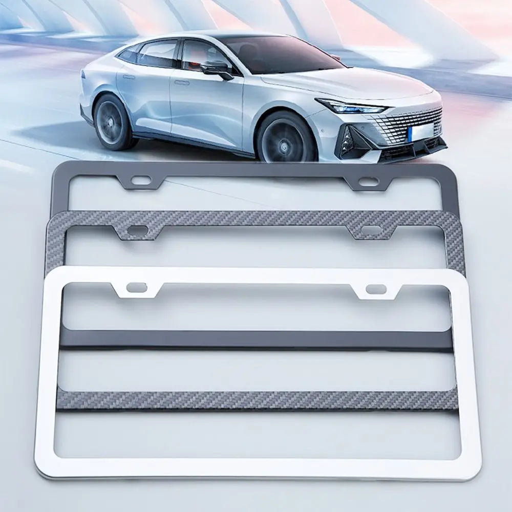 A set of stainless steel car license plate frames, including various sizes and finishes, displayed on a white background.