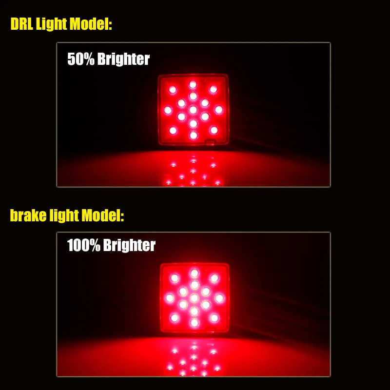 Comparaison des modèles de phares DRL et de feux de freinage montrant des différences de luminosité sur un fond rouge.