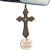 A wooden cross faith reminder ornament with engraved text for protection.