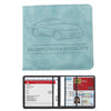 A light blue leather card holder wallet with a line drawing of a car and text for registration and insurance.