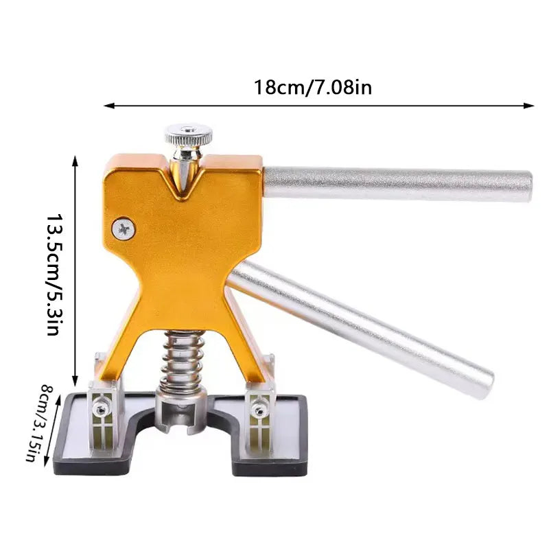 A gold and silver professional car dent repair puller kit with a long rod and mounting plate.