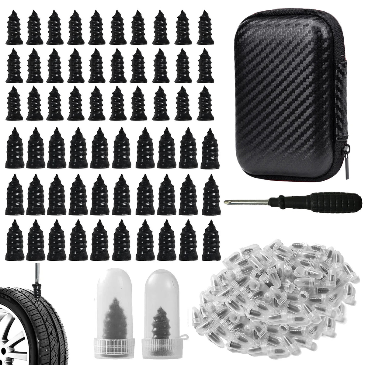 A collection of tire repair kits, including various sizes and a large quantity of clear sealant plugs.