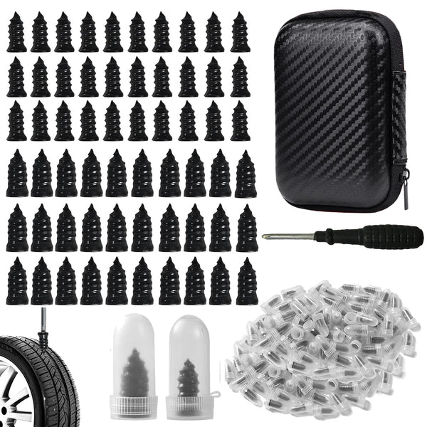 A collection of tire repair kits, including various sizes and a large quantity of clear sealant plugs.