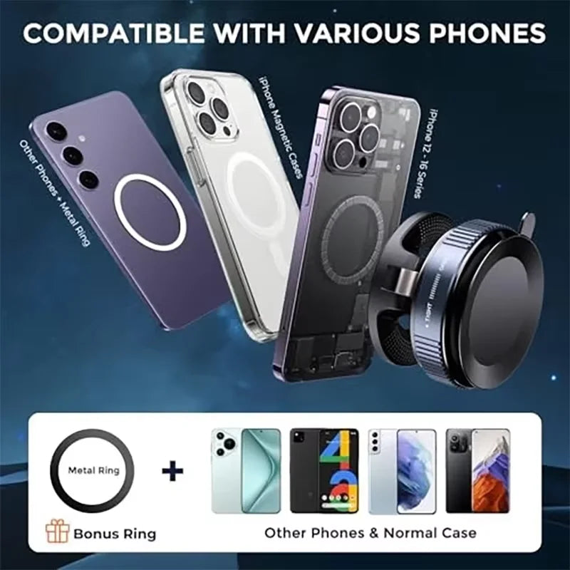 A set of magnetic phone mounts and rings compatible with various phones, including iPhone models.