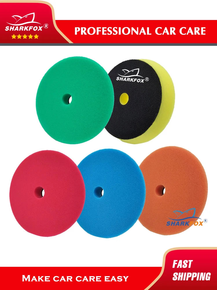 A set of four professional car care polishing sponge pads in green, black, red, and blue.