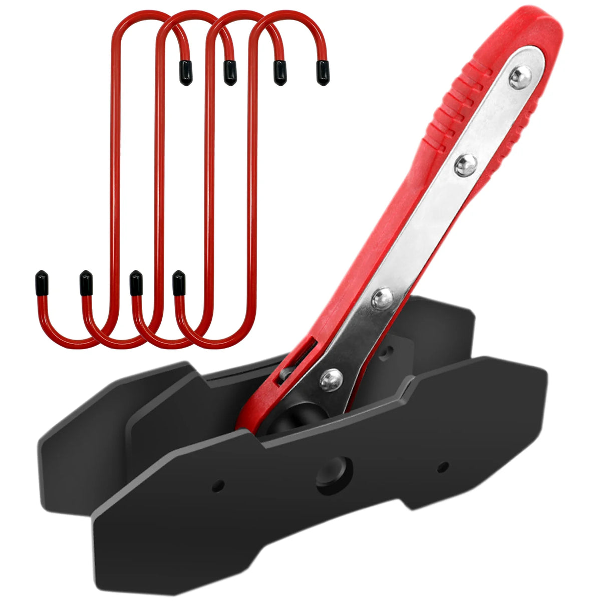 A red and silver heavy-duty brake caliper piston spreader tool with a ratchet action mechanism.
