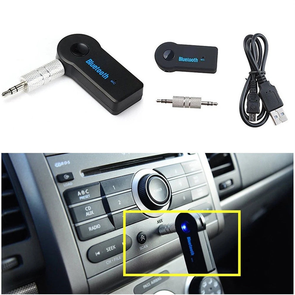 Adaptateur audio Bluetooth pour radio de voiture montrant divers composants et contexte d'installation.