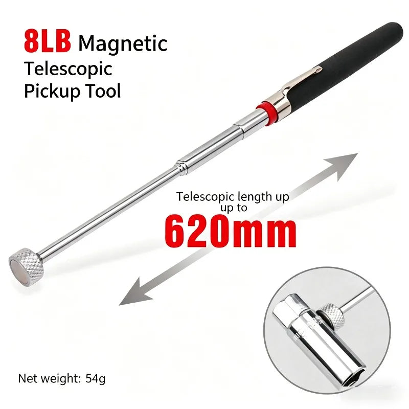 An 8LB magnetic telescopic pickup tool shown with its length up to 620mm and a close-up view of the tip.