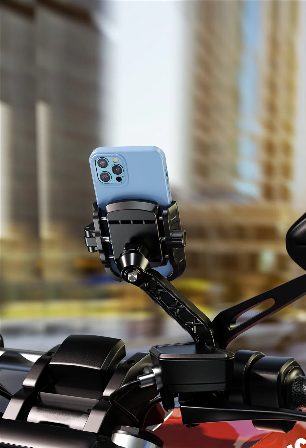 Un smartphone bleu clair est monté sur un support universel pour moto noir.