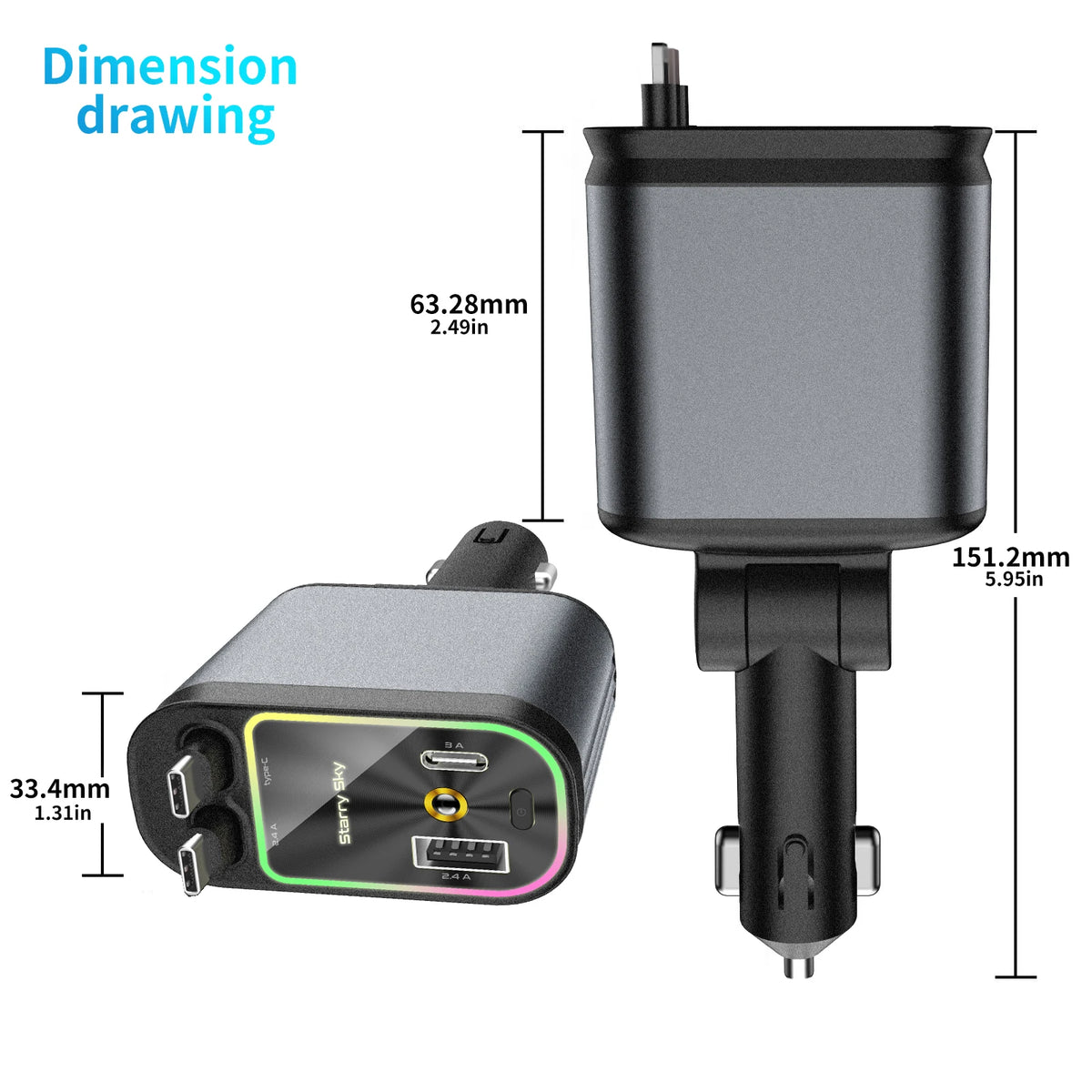 Maßzeichnung eines schwarzen Auto-Ladegeräts mit ausziehbarer Kabel und Starlight-Funktion.