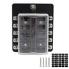 A multi-way blade fuse box with multiple fuse holders and mounting points.