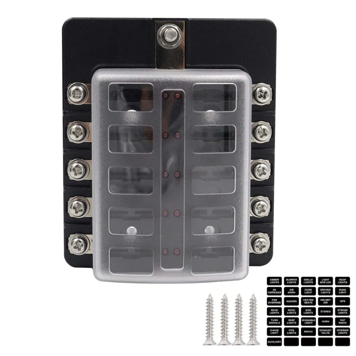 A multi-way blade fuse box with multiple fuse holders and mounting points.
