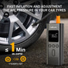 A portable digital tire inflator device is shown next to a car wheel, demonstrating fast inflation and adjustment capabilitie